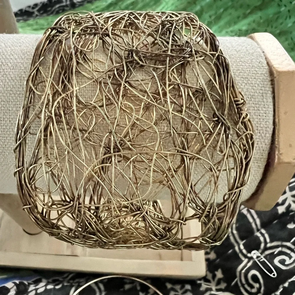 Artisan Wire Wrapped Cuff Bracelet Gold / Brass Tone Open Weave Statement